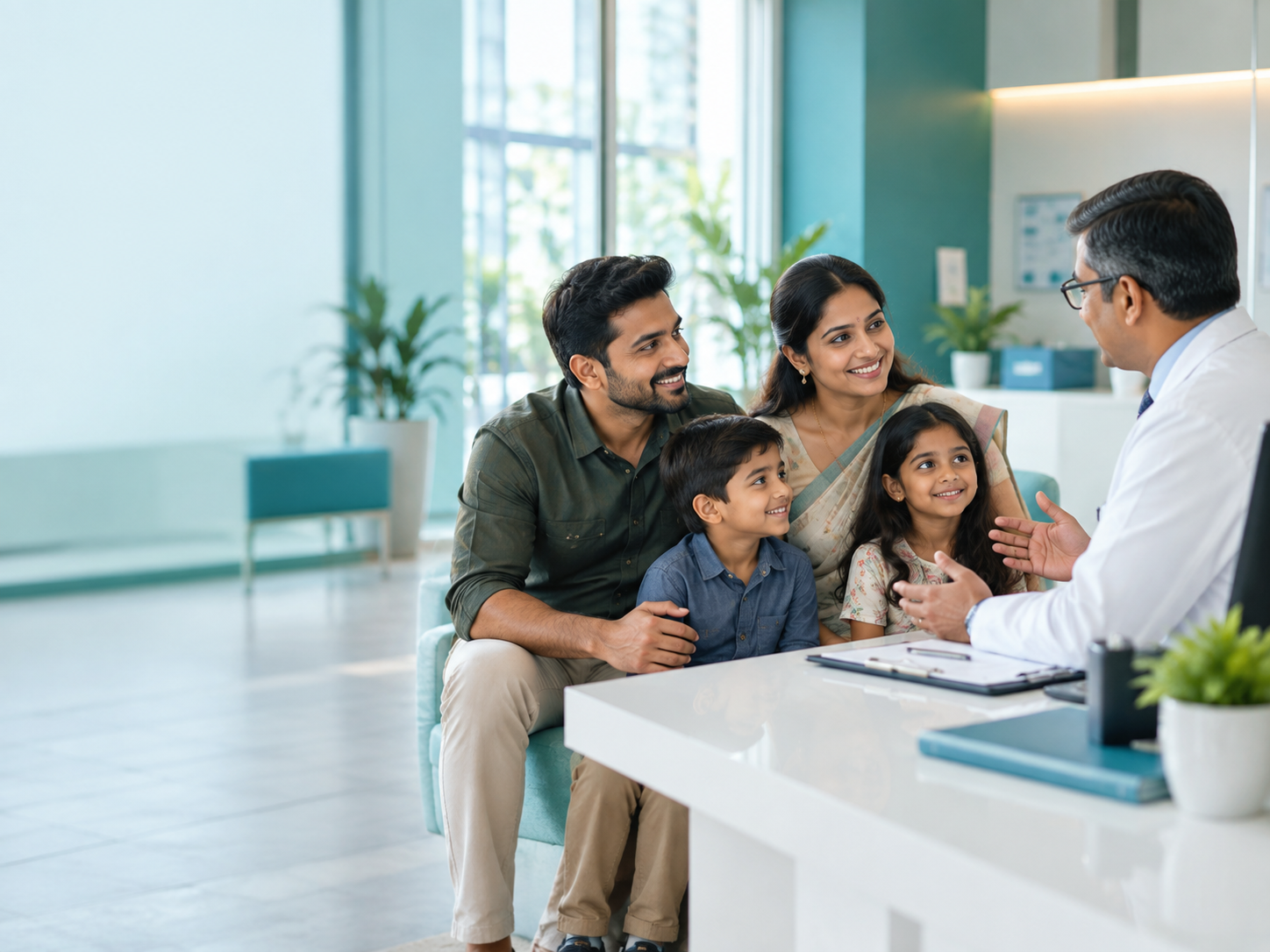 Family consulting with a doctor about health protection