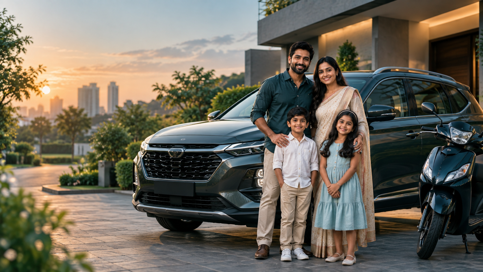 Indian family with their car and two-wheeler